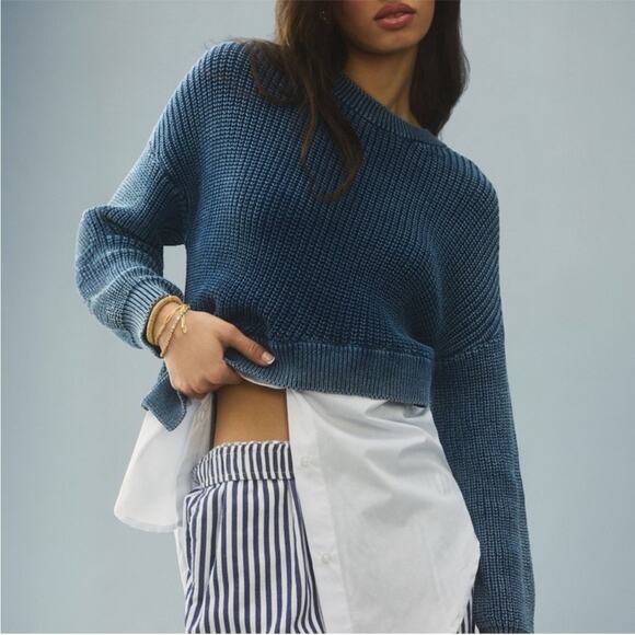 Anthropologie Pilcro Asymmetrical Twofer Blue Chunky Layered Sweater Top Large - Picture 15 of 16